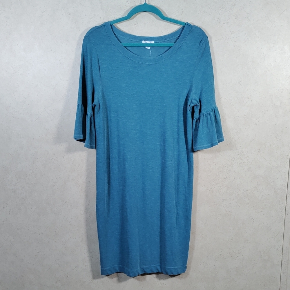 H145 Splendid teal ruffle trim sleeve t-shirt dress S NWT